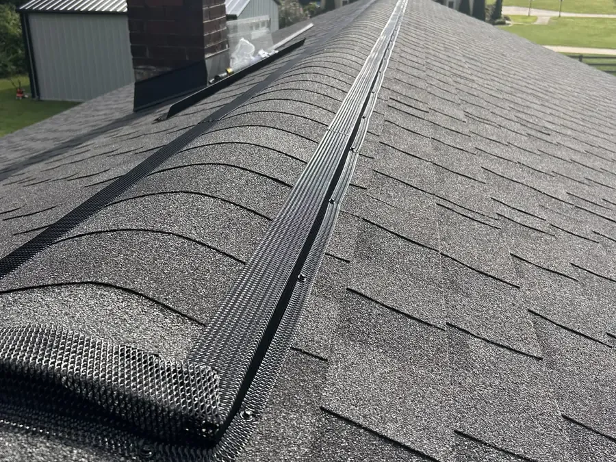 Ridge Guard installed along a roof ridge vent to seal a bat entry point on an East Tennessee home
